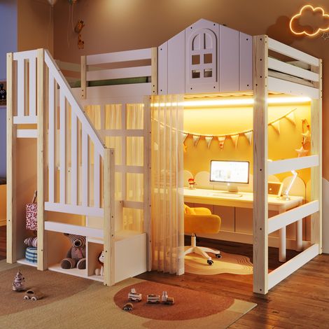 Lit mezzanine enfant 140x200cm, avec LED et échelle de rangement, sans matelas, pin, blanc et naturel