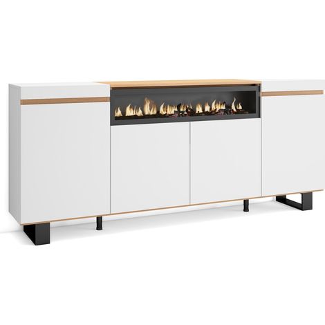 Skraut Home - Credenza, Mobile, Cucina, Madia, mobile ingresso, 200x35x87cm, 4 Porte, Camino elettrico, Design industriale, Stile moderno, Bianco e Rovere soft (1/5)