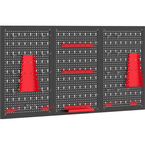Set 3 Pannelli Porta Attrezzi da Parete 60x40x2 cm con 9 Supporti e 16 Ganci in Acciaio Nero e Rosso (1/5)
