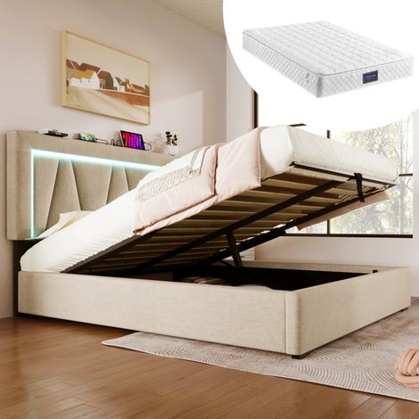 Bett 160x200 cm LED in Beige aus Leinen mit verstellbarem Kopfteil, USB-C und Stauraum (1/5)