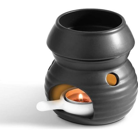 Brûleur d'huiles essentielles à cire fondue avec cuillère à bougie, brûleur d'arômes en céramique noire amovible, chauffe-cire assorti, diffuseur d'arômes, porte-tarte, diffuseur d'arômes H (1/5)