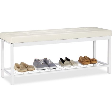 Relaxdays XXL Shoe Bench, Faux Leather Seat, Backless, Grid Rack for Shoes, Metal, HWD 49x115x40cm, White