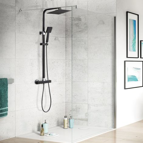 AuraLum Ensemble de Douche Thermostatique Noir Colonne de Douche Mitigeur Thermostatique Colonne Hydromassante avec Douchette Design Moderne pour Baignoire Salle de Bain (1/6)