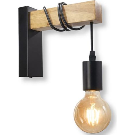 Trade Shop - APPLIQUE A PARETE STILE INDUSTRIALE LAMPADA MURO RETRÒ VINTAGE IN METALLO LEGNO E27 AQ64 -