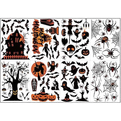 Bögen/Set Halloween-Fensteraufkleber mit Spinnen, Fledermäusen, Kürbissen und Hexenmotiven – Horror-Partydeko für Glas, Wände und Türen