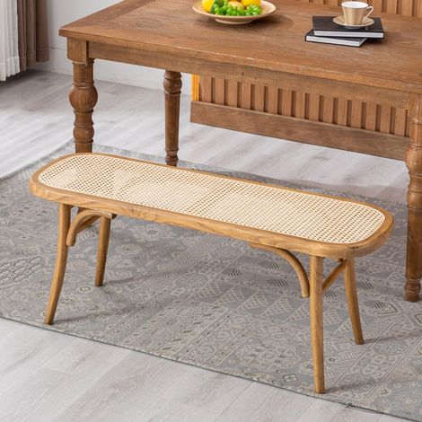 Wahson Banco de Comedor Rústico de Ratán con Patas de Madera Maciza, Banco Decorativo para Cocina, Pasillo y Entrada, Amarillo