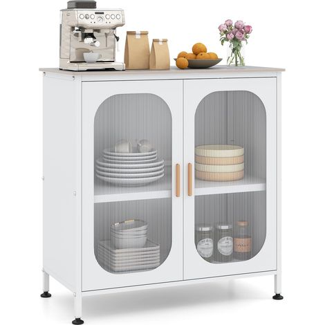 Buffet Salon avec Plateau en Pierre Frittée, Étagères Réglables (Blanc) (1/5)
