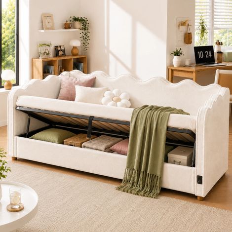 Lit coffre 90x200 cm avec rangement hydraulique, lit de jour en velours beige, USB & dossier HAVRYA (1/5)