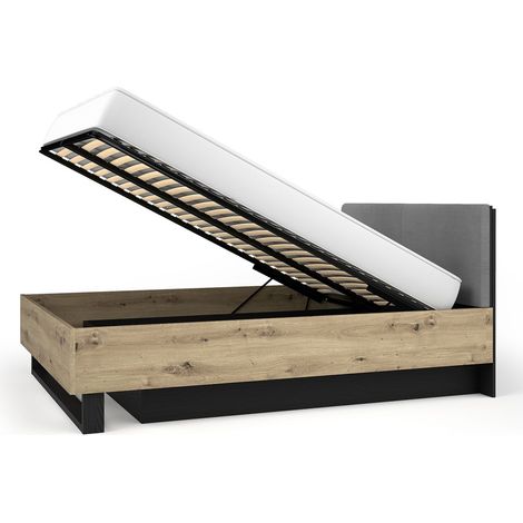 Cama con canapé MELODY 160x200 cm – Cabecero acolchado – Negro grafito y roble claro – 5 paquetes