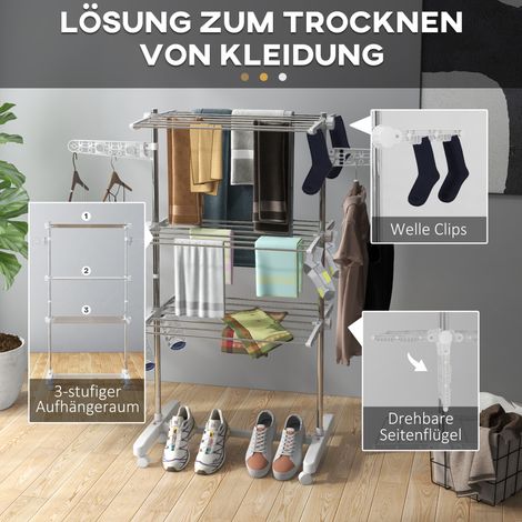 Support mural pliable pour linge, séchoir à vêtements, 3 niveaux, argent et blanc (1/5)