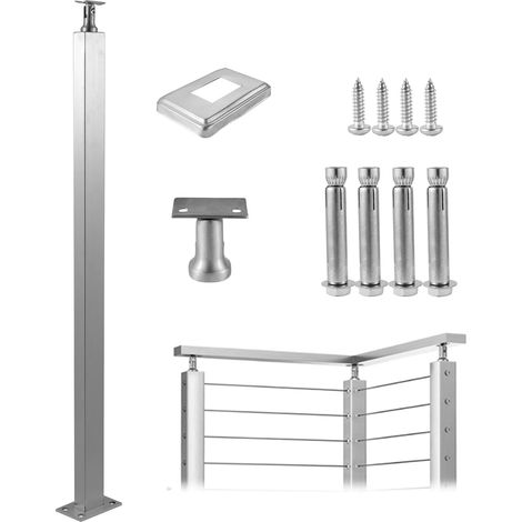Mophorn Kabelgeländerpfosten 36"x1"x2" Stahl-Deckgeländerpfosten mit horizontalen Löchern, 10 vorgebohrte Löcher,Edelstahl-Kabelgeländerpfosten mit horizontaler und gebogener Halterung,1er-Pack,Silber (1/5)