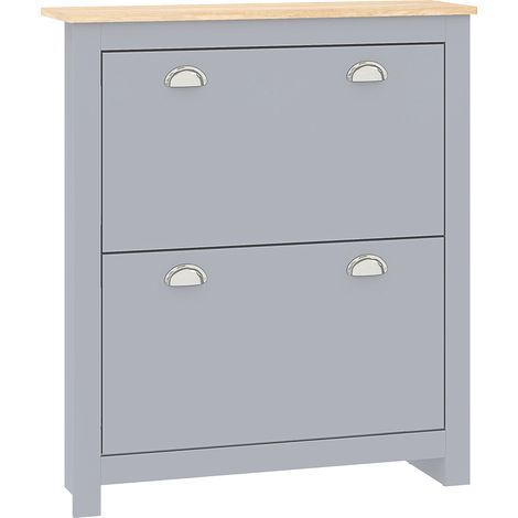 Modern 2 Drawer Shoe Cabinet-Narrow Wooden Storage Organizer with Flip Doors and Adjustable Shelf for 6-12 Pairs in Grey