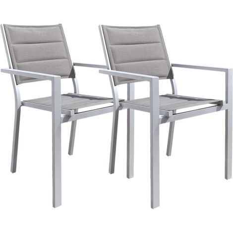 Lot de 2 Fauteuils de jardin en aluminium et textilène matelassé gris, empilable, Ibiza Perle - Jardiline (1/2)