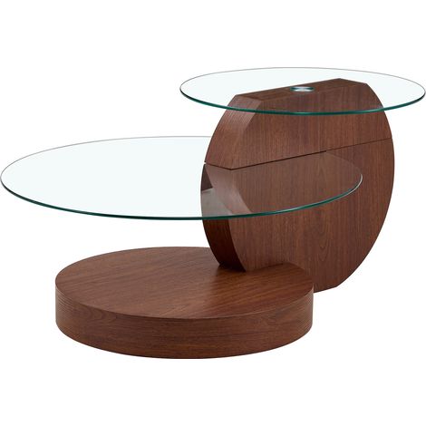 Runder 2-stufiger Couchtisch aus Glas und MDF in Walnussoptik 90x70x44 cm (1/5)
