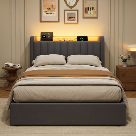 Cama 140x200 cm Tapizada con Cajón Hidráulico, LED y USB Integrados, Terciopelo Suave, Estructura MDF/Metal - Solución Moderna que Ahorra Espacio (1/5)