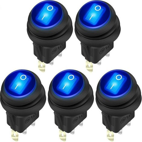 12V 20A Waterproof Rocker Switch Blue LED Lighted Round ON Off 3 Pin 12 Volt Weatherproof Illuminated Toggle for Marine Car RV Truck -5Pack (1/5)