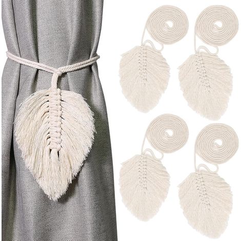 Curtain Tiebacks for Curtains, 4 Pieces Boho Leaves Tiebacks Curtain Holders Cotton Macrame Curtain Holders Drawstring Curtain Beige Cotton Rope Curtains (1/5)
