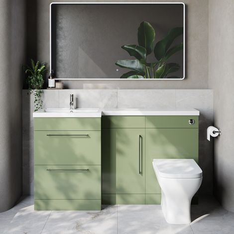 Napoli 390 Olive Green 1500mm 2 Drawer Vanity Unit Toilet Suite with Left Hand Square Lucia Basin - 1500mm - Chrome 320mm HandleWith Kingston Toilet Pan and Seat