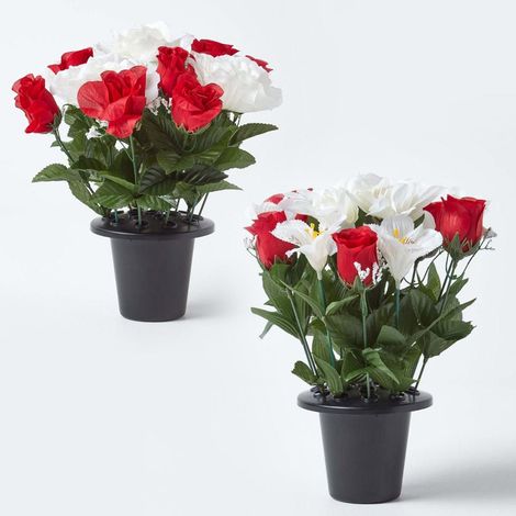HOMESCAPES Set of 2 Red & White Roses & Lilies Artificial Flowers in Grave Vases