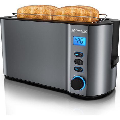 Arendo Langschlitztoaster 4 Scheiben, Edelstahl Toaster mit Restzeitanzeige, 1500W, Doppelwandgehäuse, Brötchenaufsatz, 6 Bräunungsgrade (1/5)