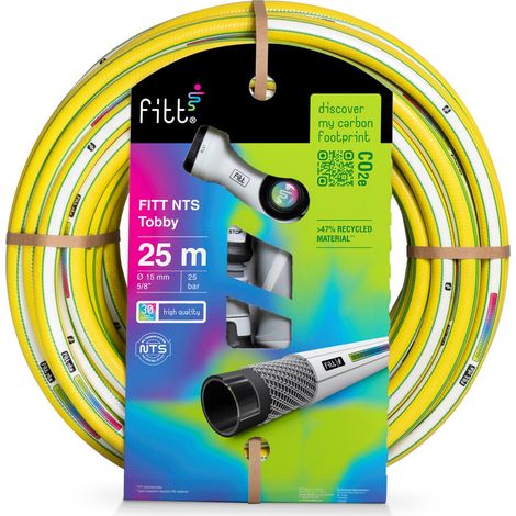 FITT NTS TOBBY 5/8" (15mm) 25m - Robuster und flexibler Gartenschlauch in gelber Farbe für eine intensive Nutzung, mit Multijet-Gießpistole und Kupplungen