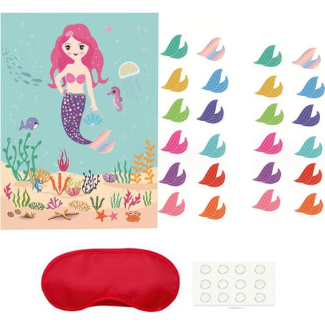 Jeu De Queue De Sirène - Affiche 73 X 52 Cm - 24 Autocollants Réutilisables - Cache-Oeil - Points Adhésifs - Pour Fête D'Anniversaire Thème Sirène (1/5)