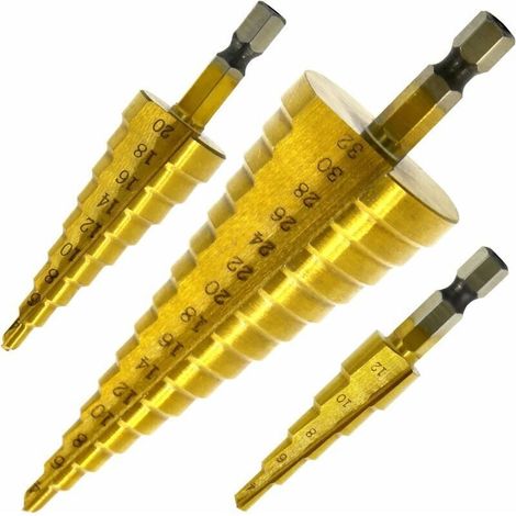 Set di punte da trapano, set di 3 punte a gradini, acciaio inossidabile HSS, 4-12/20/32 mm, triangolo conico in titanio, con gambo esagonale, per foratura con cacciavite su acciaio, ottone, legno, pla (1/4)