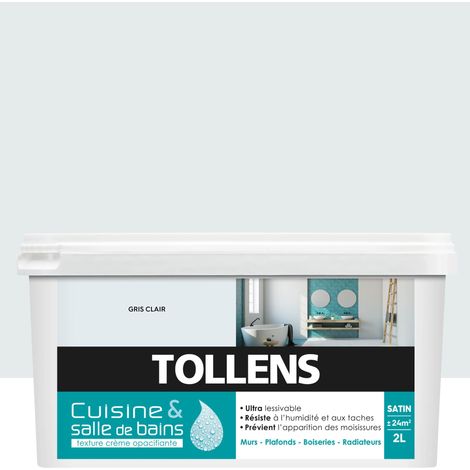 Peinture Cuisine Et Salle De Bain - Ultra Résistante - Tollens - Pour Murs, Boiseries, Radiateurs - Gris Clair - 2L = 24m2 (1/4)