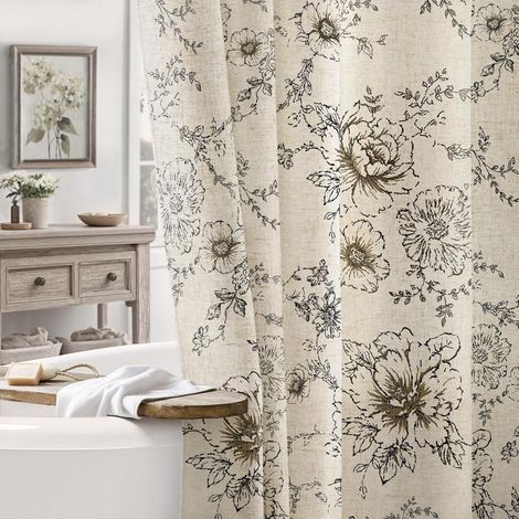 Rideau De Douche - Motif Floral Vintage - En Mélange Lin Naturel Et Polyester - 72x72 Pouces - Noir Et Beige - 1 Pièce (1/5)