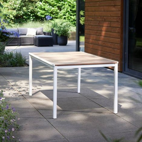Dmora - Mesa de jardín Arbarei, Base de picnic, Mesa de comedor de jardín, Banco multiusos para exterior, 159x95 h75 cm, Roble y Blanco (1/5)