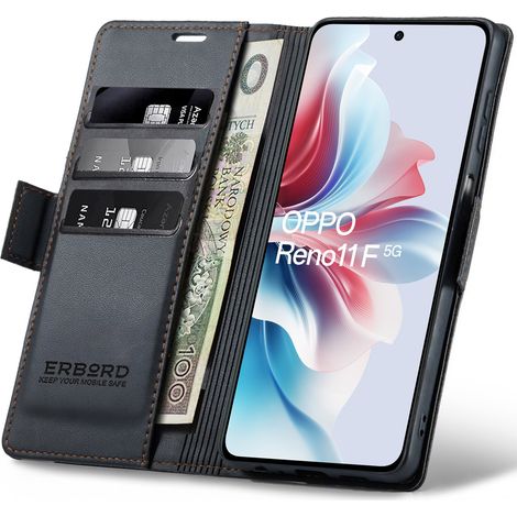 Étui pour Oppo Reno 11F, Litchi brillant, Étui portefeuille à rabat, Noir (1/5)