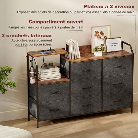 Commode meuble de rangement avec station de recharge – 8 tiroirs en tissu et étagère ouverte, pratique et fonctionnel, idéal pour chambre et salon, marron, 130,5x30x88cm (1/5)