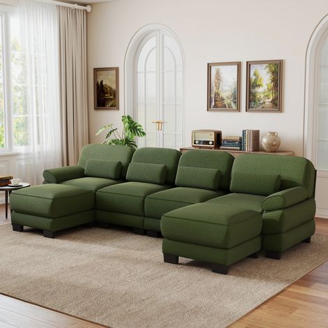 Canapé modulable en U 4 places 336x161x94 cm, 2 poufs inclus, mousse haute densité, coussins lombaires, velours côtelé - Vert (1/5)