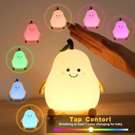 Luce notturna per bambini - Lampada notturna in silicone a forma di pera, 7 colori - Comandi touch - Ricaricabile tramite USB con funzione timer - Ideale per bambini e come lampada da comodino