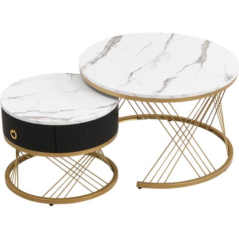 ELVMI Satztische Couchtisch mit 1 Schublade und Verstellbaren Füßen, Marmoroptik und Golddekor, MDF, Weiß (1/5)