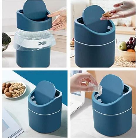 Mini Poubelle - Couvercle Intégré - Pour Bureau Chambre Salle De Bain - 13 X 16 Cm - Plastique PP ABS - 1 Pièce (1/4)