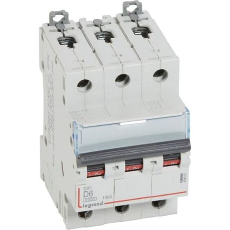 Disjoncteur DX³6000 10kA arrivée haute et départ bas à vis 3P 400 - 6A - courbe D - pour peigne HX³ traditionnel - LEGRAND