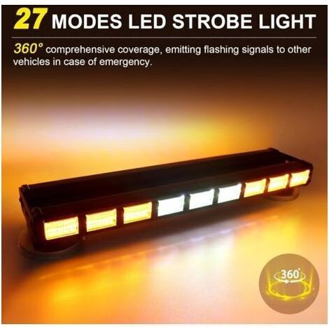 LED Barre stroboscopique bilatéral 81W 9COB Rampe Gyrophare LED 9 27 LEDS Clignotant d'urgence 27 modes pour Voiture Véhicule Camion Remorque Caravane (ambre/blanc)