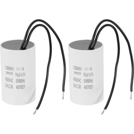 Condensateur de démarrage CBB60 de 16uF, 2 pièces condensateur marche avec 2 fils moteur démarrage AC 450V avec une fréquence 50Hz/60Hz adapté pour les compresseurs d'air et blanc (1/5)