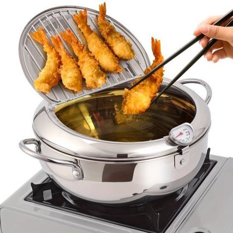 Friteuse professionnelle - Friteuse à tempura japonaise en acier inoxydable avec thermomètre - Ensemble complet avec couvercle et égouttoir à huile - Convient pour les frites, le poulet et les crevett (1/5)