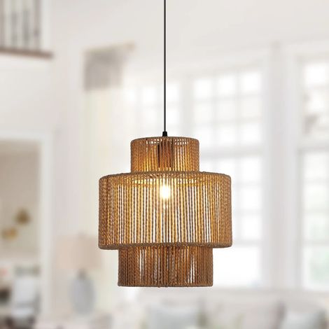 Farmhouse Boho Woven Rattan Pendant, Hanging Light Woven Rattan Ceiling Light Adjustable Basket Light Fixture for Kitchen Island Hallway Bedroom Dinning Table Nursery Light