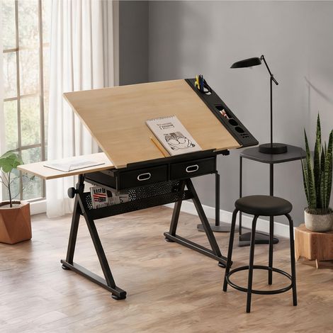 Bureau de dessin inclinable avec tabouret et 2 tiroirs maple (1/5)