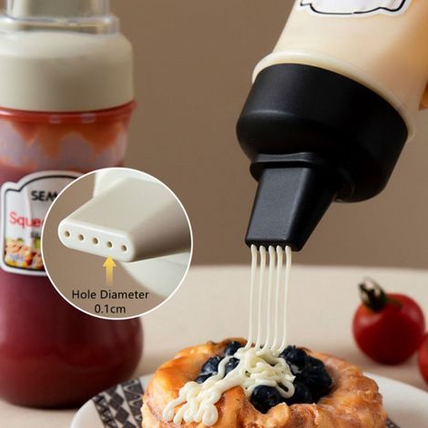 1 bouteille de sauce de cuisine avec couvercle anti-poussière, cinq trous, échelle graduée, noire, convient pour la vinaigrette, le ketchup et autres condiments. (1/5)