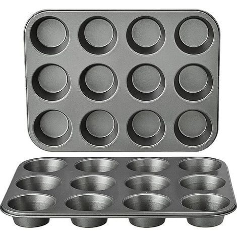 Ecleanfy - Moule à muffins rond antiadhésif en acier carbone, lot de deux, gris. Permet de réaliser 12 muffins à la fois. (1/5)