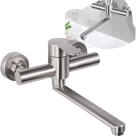 Mitigeur mural inoxydable 360° pour évier de cuisine – Bras pivotant 23cm – Trous de montage réglables – Économie d'eau jusqu'à 30% (1/4)