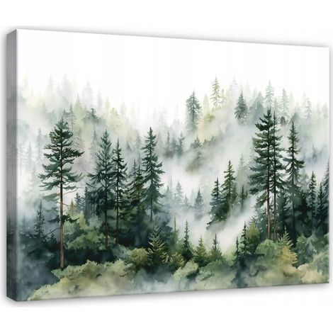 Leinwandbild Nebelwald und Bäume, Natur Landschaft für Schlafzimmer, Wohnzimmer und Küche, hochauflösender Druck, 40 x 30 cm