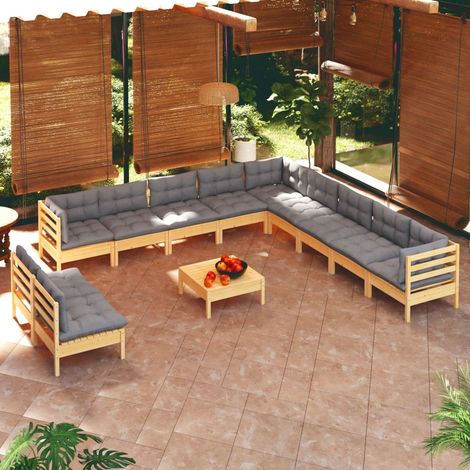 12-tlg. Garten-Lounge-Set mit Grauen Kissen Massivholz Kiefer vidaXL (1/5)