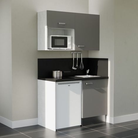 Kitchenette K07L-PT - 120 cm avec plan de travail et évier, emplacements frigo et micro-ondes - Façade Gris - Plan Noir texturé - Evier Inox - Crédences Oui