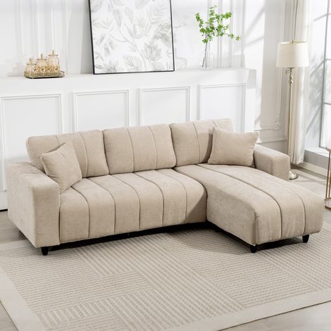 Divano angolare reversibile, divano a 3 posti con chaise longue, 2 cuscini, struttura in acciaio, 242x156x87 cm, beige