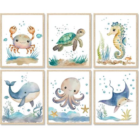 6 pcs animaux marins murale aquarelle animaux marins murale enfants Chambre bébé décoration 8x10 poster sans cadre
